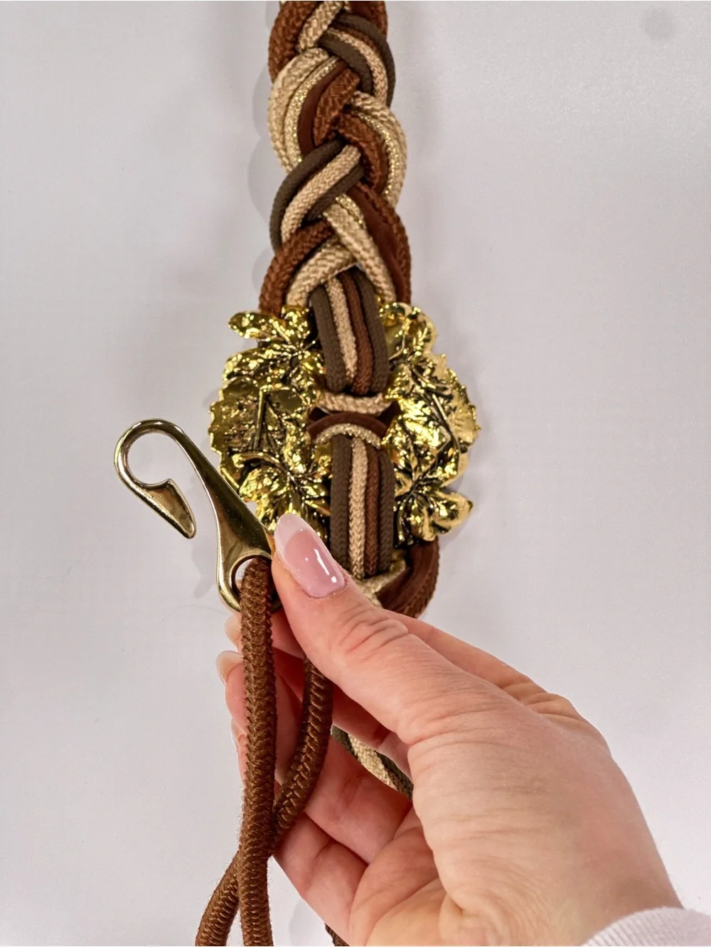 Leather Shop Braided Cord Belt Gold Leaf Buckle Metallic Rope Brown Gold L